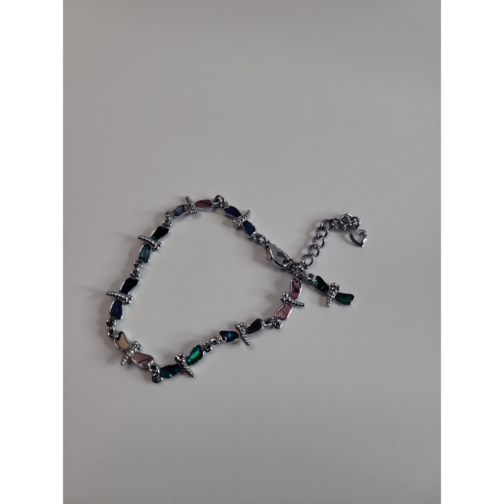 Silver Tone Multi Color Dragonfly Link Bracelet Nature Colorful Boho
